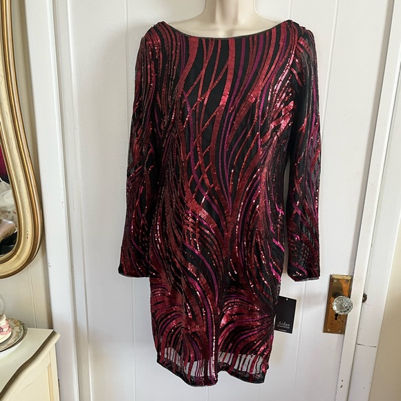 NWT Aidan Mattox Red Cranberry Sequin Ribbon Cocktail Dress!! - Picture 3 of 9